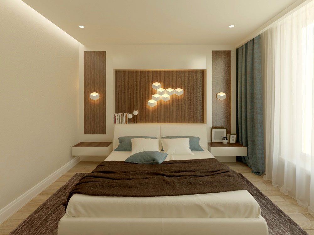 Дизайн интерьера спальни в квартире высотного дома в пастельных тонах